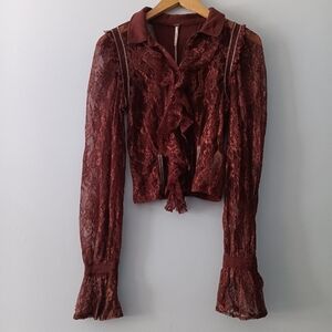 Free People Burgundy Lace Ruffle Bell Sleeve Button-Front Blouse S